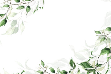 Watercolor painted greenery border frame template. Sage green, beige, blue branches and leaves. Garland arrangement template clipart.