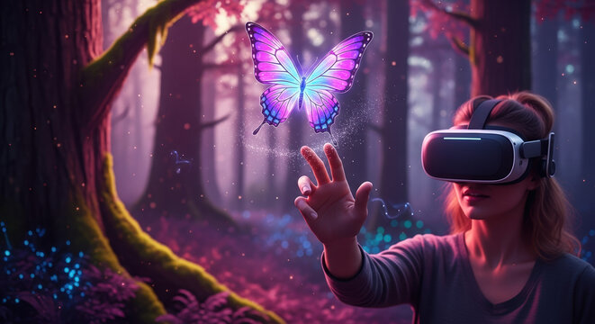 Immersive VR experience in ethereal forest, person wearing VR headset interacts with augmented reality. VR technology offers simulated interaction with fantasy environment, including vibrant, - Powered by Adobe