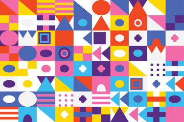 Vibrant abstract mosaic of colorful geometric shapes and figures in a modern flat design pattern