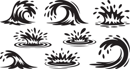 Obraz premium Water Splash and Wave Icon Set Featuring Ocean Wave Silhouettes, Splash Droplets, Ripple Effects, and Dynamic Fluid Motion Elements in Black Vector Style 