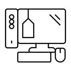 Computer and monitor with price tag thin line icon, cyber monday concept. Vector graphics. Set of stock computer hardware sign on white background, style icon mobile or web design.