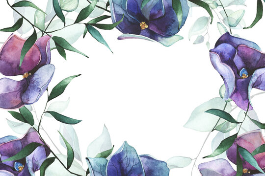 Watercolor hand painted blue, violet, purple hydrangea flowers, turquoise eucalyptus and green leaves frame. Floral garland arrangement. Artistic design template clipart.