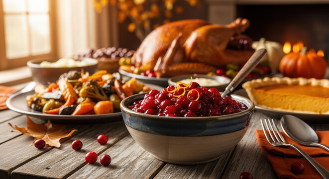 Traditional Thanksgiving dinner setup with roasted turkey and cranberry sauce on wooden table. Elaborate Thanksgiving feast features variety of classic dishes like mashed potatoes, roasted vegetables,