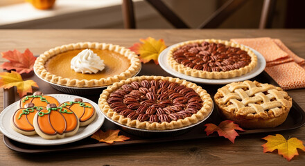 Festive Thanksgiving pies and cookies on wooden table for Thanksgiving celebration. Thanksgiving arrangement includes pumpkin, pecan, and apple pies along with pumpkin cookies.
