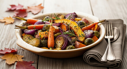 Thanksgiving side dish features an assortment of roasted vegetables on a wooden table. Preparing Thanksgiving side dish with healthy colorful roasted root vegetables brings autumn colors to any table.