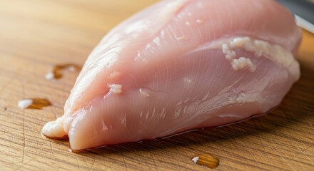 Raw chicken breast on wooden cutting board close up food preparation concept