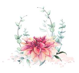 Watercolor hand painted pink, orange colors dahlia flower, green, turquoise leaves, eucalyptus twigs bouquet. Floral and abstract arrangement