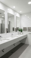 Modern public restroom interior with mirrors sinks and minimalist design