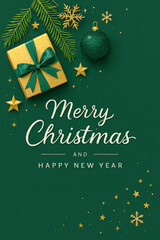 Merry Christmas greeting card with festive holiday bauble decorations, gold stars, and snow
