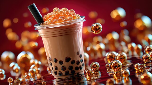 A refreshing bubble tea drink topped with vibrant tapioca pearls and a straw.