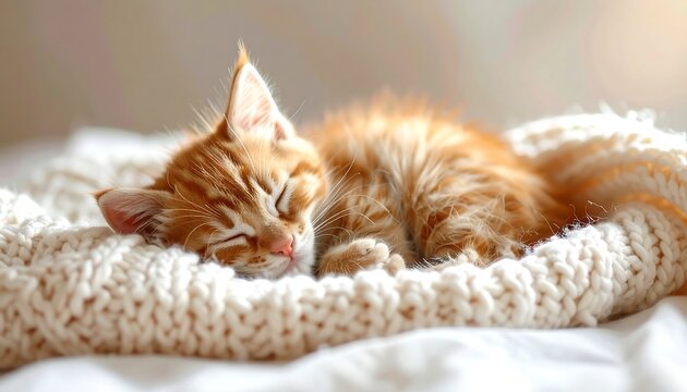 Ginger kitten curled up asleep on a creamy, textured, knitted blanket, bathed in gentle, diffused sunlight