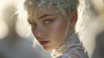 A model wearing an icy crown and lace dress glances over her shoulder, bathed in warm, soft backlight.