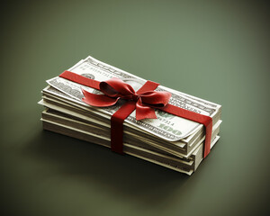 Stacked dollar bills as gift box with beautiful red bow. Money for gift concept design on green...