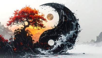 Yin-Yang design featuring a red tree on one side and a fluid swirl on the other, with a soft mountain backdrop