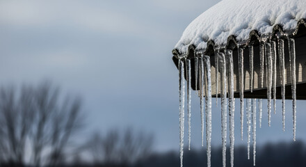 Winter weather creates dramatic icicles hanging from eaves of rooftop with fresh snow. Crisp winter weather leads to freezing temperatures and the formation of long, sharp icicles.