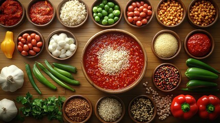 Overhead shot of diverse ingredients,  culinary preparation, wooden background, food photography for recipe websites