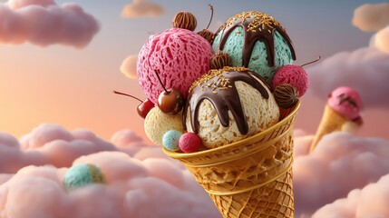 Delicious ice cream cone featuring vibrant flavors and colorful toppings.