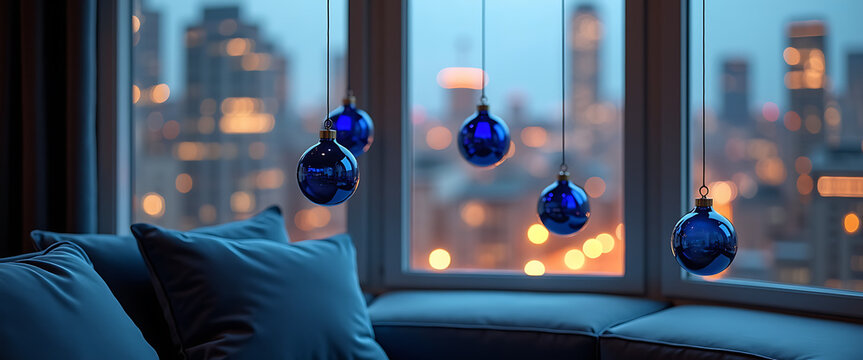 Blue christmas ornaments hanging in a window with a blurred city skyline at dusk