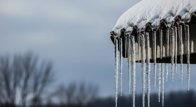 Winter weather creates dramatic icicles hanging from eaves of rooftop with fresh snow. Crisp winter weather leads to freezing temperatures and the formation of long, sharp icicles. - Powered by Adobe