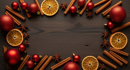 Christmas frame made of spices and red baubles on wooden background. Christmas decoration on brown surface includes cinnamon sticks, star anise, and dried oranges for festive mood.