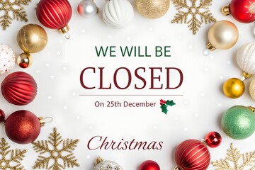 We Will Be Closed Christmas Sign, Christmas Ornaments Holiday Closure Notice, Closed on 25th December Elegant Template, Luxury Christmas Closed Announcement, We Are Closed Christmas Graphic with Baubl