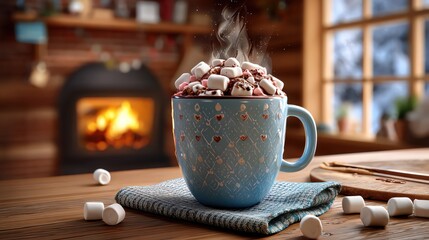 Warm cup of hot chocolate topped with marshmallows in a cozy setting.