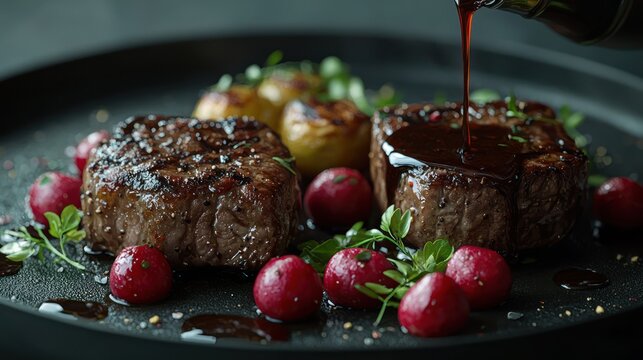 Gourmet Filet Mignon with Red Sauce and Potatoes. Restaurant food photography for menu use