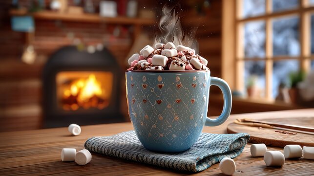 Warm cup of hot chocolate topped with marshmallows in a cozy setting.