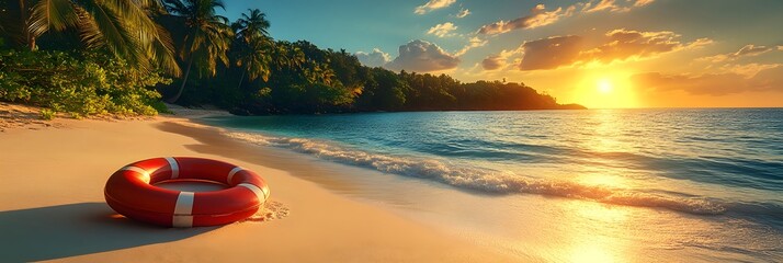 Lifebuoy resting on sandy beach with vibrant sunset over calm ocean waves near lush tropical island