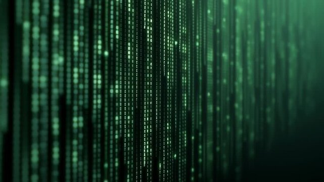 Bright green digital code streams vertically on black background resembling matrix style computer interface with continuous glowing motion and data flow