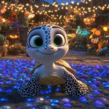 Cartoon Turtle Smiling in a Magical, Glowing Underwater Environment