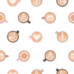 Pattern with coffee with latte art in different cup. Vector seamless texture on white background. Mugs with barista art - swan, heart, bear.
