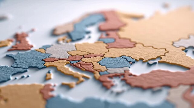 Detailed 3D map of Europe slowly rotates showing country borders in soft light representing geopolitical concept and international connection visualization