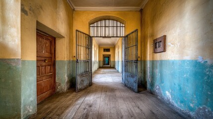 Abandoned hallway with barred doorway.