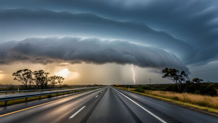 Empty highway landscape under a storm sky with a vibrant rainbow