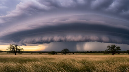 Fototapeta premium A rainbow arcs over the vast, dramatic land of a rural field under a dark, cloudy sky during a summer storm with sunset light