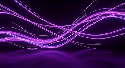 Fototapeta premium Futuristic Neon Purple Wavy Light Trails Reflecting on Dark Surface, Abstract Digital Energy Stream Background