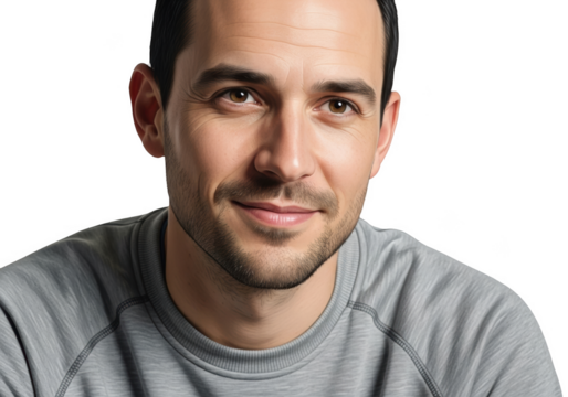 A close-up portrait of a man with a friendly expression, wearing a simple gray shirt, face, gray, man, portrait, shirt, smile, stare 