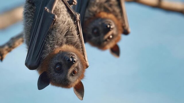 Two small fruit bats hanging upside down from a branch, looking at the camera with wide eyes.