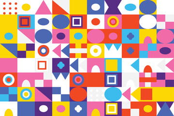 Vibrant and Playful Abstract Geometric Pattern Design with Diverse Shapes and Bright Colors for Backgrounds