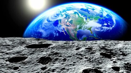 The Earth as seen from the lunar surface, showing continents and oceans in a dark space with bright light