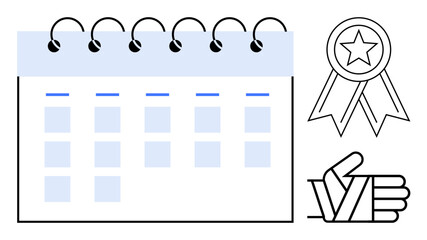 Blue and white calendar with achievement ribbon and hand gesture indicating approval. Ideal for planning, goal setting, productivity, success, recognition, time management, and motivation themes. A
