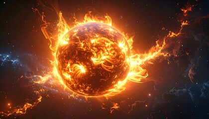 Fiery celestial body ablaze in the vast expanse of space, radiant with intense energy and stellar phenomena