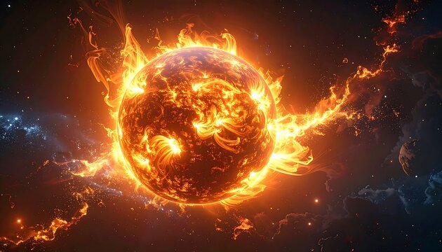 Fiery celestial body ablaze in the vast expanse of space, radiant with intense energy and stellar phenomena