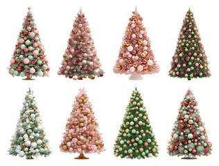 Obraz premium PNG Colorful decorated Christmas trees, element set on transparent background