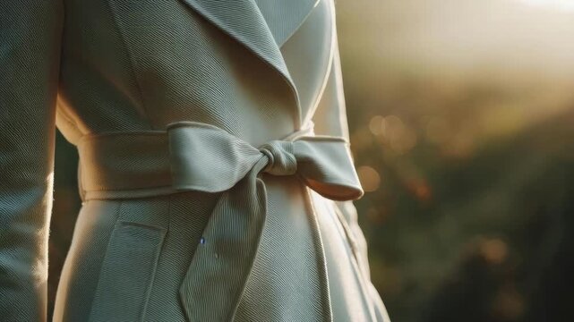 Close-up of a light trench coat tied at the waist, bathed in warm sunlight.