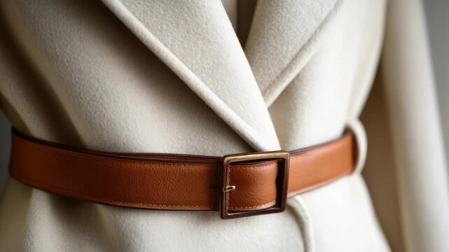 Close-up of a beige wool coat cinched with a brown leather belt and metal buckle.