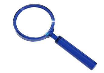 Futuristic magnifying glass with a blue acrylic frame and crystal lens on a white background, showing rainbow reflections. Concept of forensic science and technology