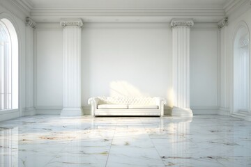 Ornate interior space features classical architectural elements and a central white sofa