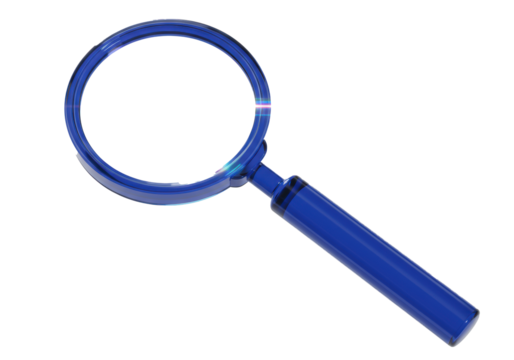 Futuristic magnifying glass with a blue acrylic frame and crystal lens on a white background, showing rainbow reflections. Concept of forensic science and technology